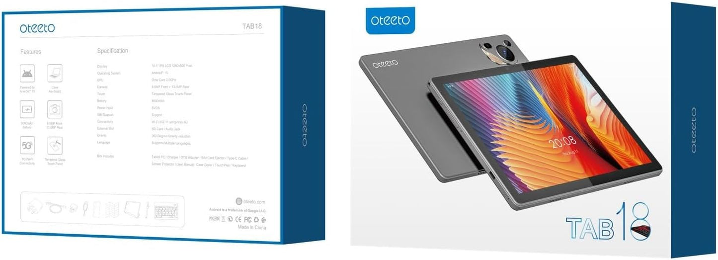 OTEETO Tab 18 Android Tablet 10.1" — 8GB RAM, 512GB, Dual SIM + Keyboard