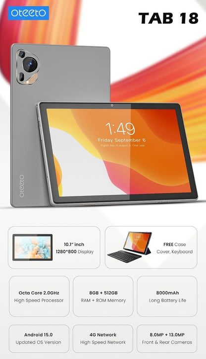 OTEETO Tab 18 Android Tablet 10.1" — 8GB RAM, 512GB, Dual SIM + Keyboard